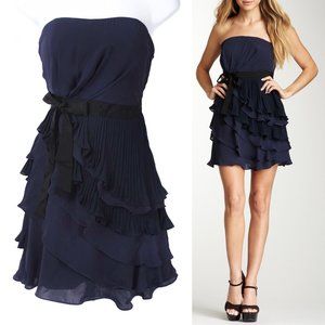 MM COUTURE Navy Blue Chiffon Ruffle Pleated Strapless Party Dress NWT Size S